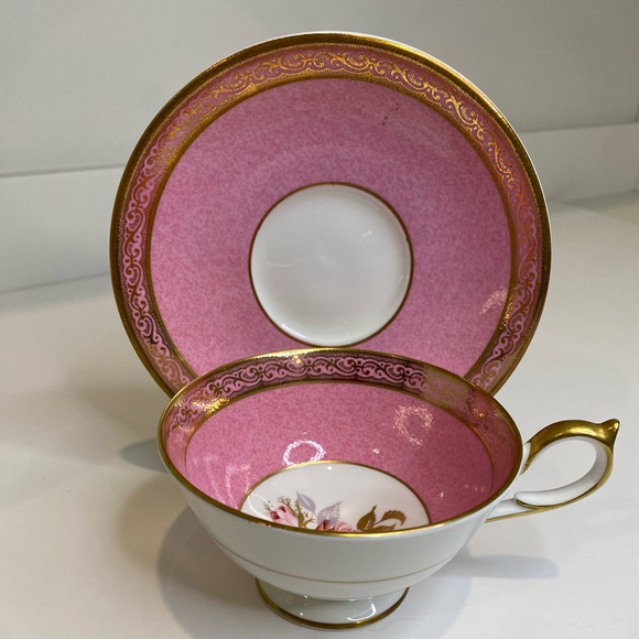 Vtg Aynsley Hand Painted Teacup and Saucer Pink Rose Pink Marble Like Gold Trim - Picture 7 of 10